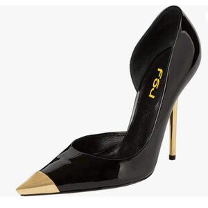 FSJ Black Sexy Pointy Cap Toe High Gold Heel Pumps Half D'Orsay Slip On Shoe